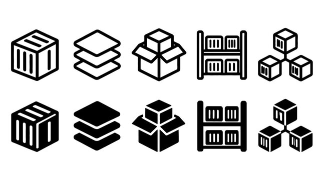 Software Containers paired outline and solid icon set featuring software, containers, container, layers, package, registry, network, technology, development and system symbols