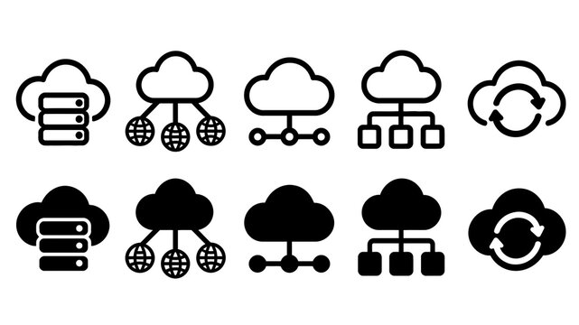 Cloud Architecture paired outline and solid icon set featuring cloud, architecture, server, globe, network, hierarchy, sync, technology, computing and infrastructure symbols