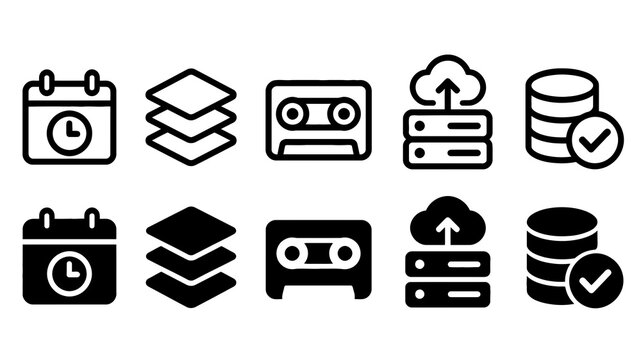 Data Backup paired outline and solid icon set featuring data, backup, calendar, layers, tape, cloud, database, technology, storage and recovery symbols