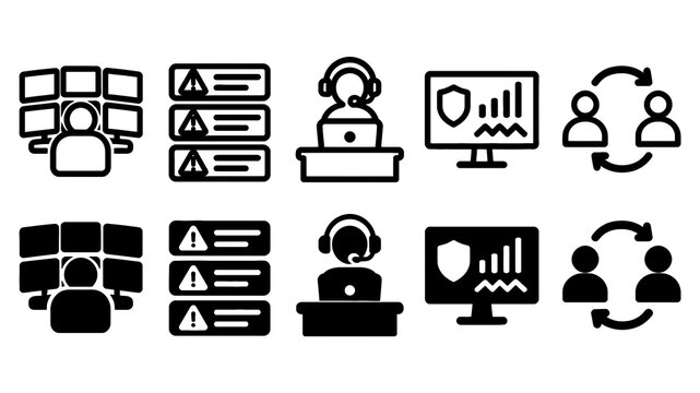 Security Operations Center paired outline and solid icon set featuring security, operations, center, firewall, alerts, analyst, monitor, team, technology and protection symbols