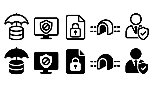 Data Protection paired outline and solid icon set featuring data, protection, database, shield, lock, magnet, officer, security, technology and privacy symbols