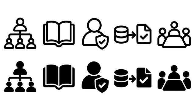 Data Governance paired outline and solid icon set featuring data, governance, hierarchy, book, approval, database, team, policy, technology and management symbols