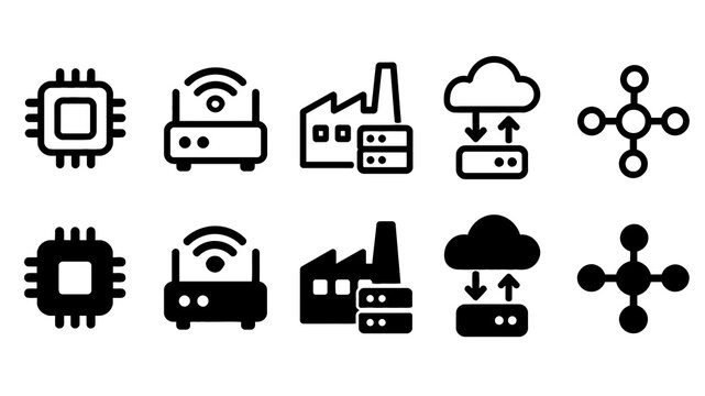 Edge Computing paired outline and solid icon set featuring edge, computing, chip, router, factory, cloud, network, technology, data and processing symbols