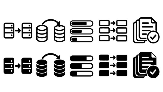 Data Migration paired outline and solid icon set featuring data, migration, servers, databases, stages, transfer, documents, technology, storage and system symbols