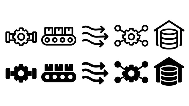 Data Engineering paired outline and solid icon set featuring data, engineering, pipeline, conveyor, flow, network, database, technology, processing and analytics symbols
