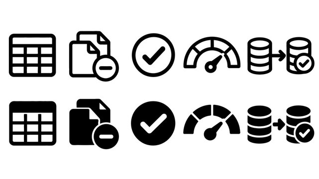 Data Quality paired outline and solid icon set featuring data, quality, table, document, approval, gauge, database, technology, validation and analytics symbols