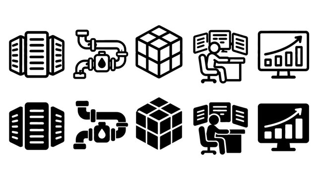 Supercomputing paired outline and solid icon set featuring supercomputing, servers, cooling, cube, operator, analytics, technology, computer, data and science symbols
