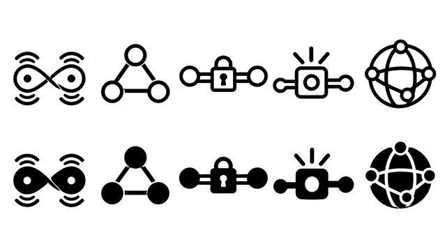 Quantum Networking paired outline and solid icon set featuring quantum, networking, nodes, lock, connection, globe, chips, servers, technology and computing symbols
