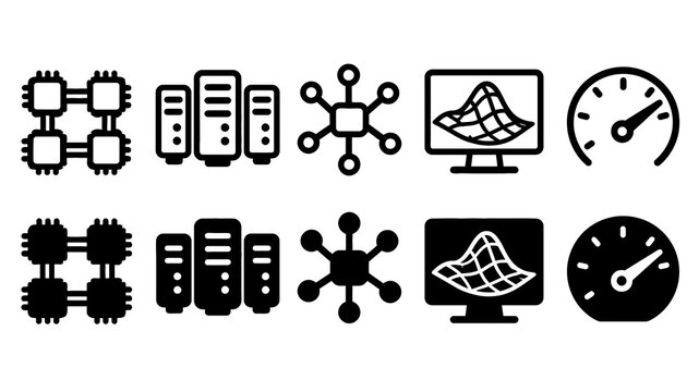 High Performance Computing paired outline and solid icon set featuring high, performance, computing, chips, servers, network, simulation, gauge, technology and computer symbols
