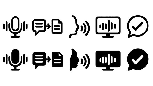 Speech Recognition paired outline and solid icon set featuring speech, recognition, microphone, text, voice, waveform, approval, technology, artificial and intelligence symbols