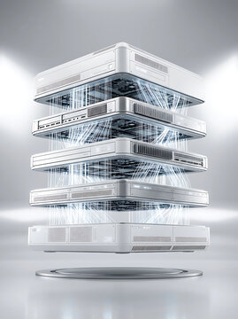 Modular tech hub block, futuristic stacked design with glowing circuitry and a reflective base
