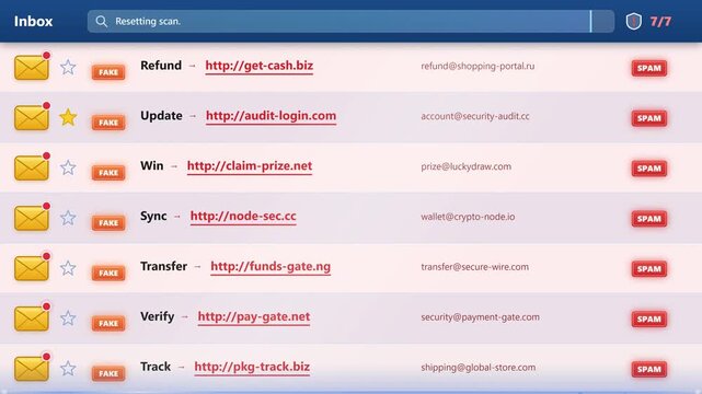 Animated UI Showing Email Security Scanner Detecting Phishing Emails and Spam Threats