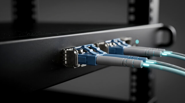 Optical fiber connectors plugged into a rack, showcasing data transmission technology