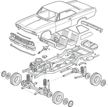 Classic automobile exploded view technical diagram showing car parts