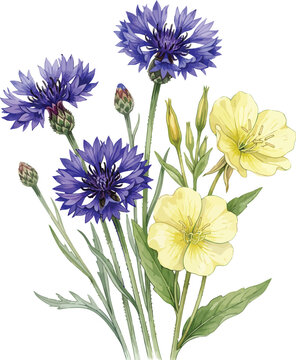 Beautiful watercolor illustration of blue cornflowers and yellow wildflowers isolated on a clean white background