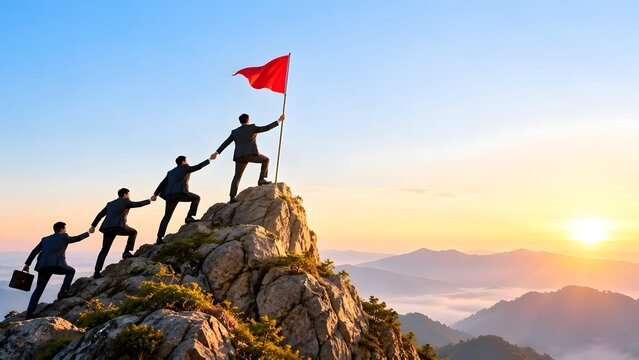 Business team climbing mountain peak planting red flag symbolizing teamwork leadership success and corporate goal achievement