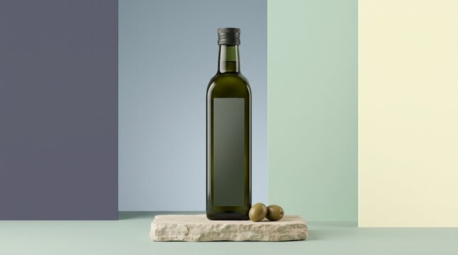 A premium glass bottle containing organic extra virgin olive oil stands proudly on a rustic stone platform next to fresh green fruits to represent a healthy Mediterranean diet and culinary
