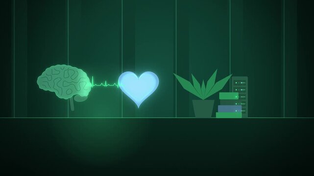 AI brain and heart connected by a heartbeat line in a room wide scene