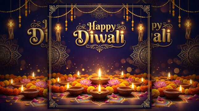 Elegant Happy Diwali Greeting Card with Golden Typography, Glowing Diyas, Marigold Flowers and Ornate Purple Background