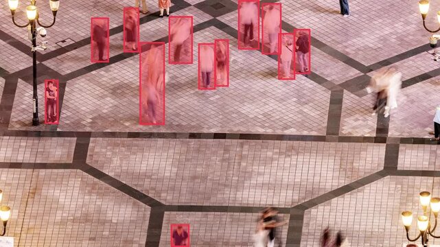 pedestrian area of chongqing with data and surveillance tracking graphics 