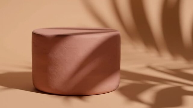Minimalist pink podium with palm leaf shadows on beige background