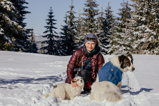Woman with dogs playing outdoors in winter in great snow. 