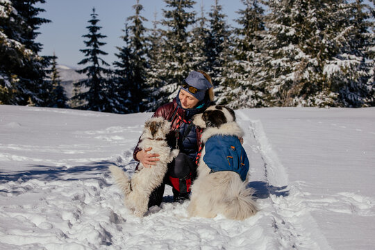 Woman with dogs playing outdoors in winter in great snow. 