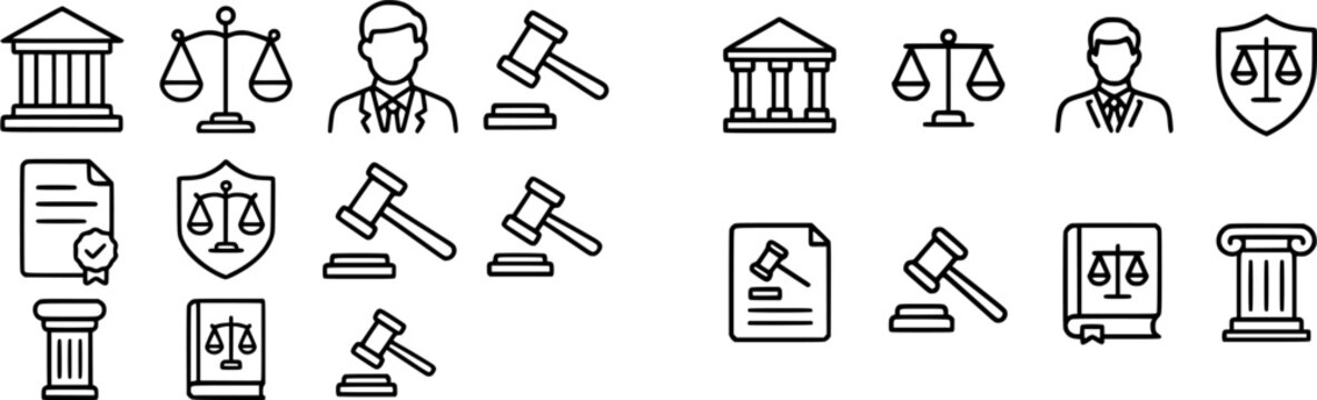 In the image, a legal expert is surrounded by icons representing justice, law, and court proceedings
