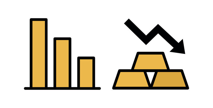 Financial graph showing declining bar chart and gold bars with downward arrow
