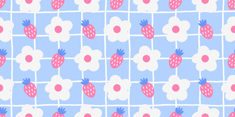 Fototapeta premium Flower seamless gingham with print fruit picnic and kawaii cherry pattern. Strawberry organic flowers with childish retro aesthetic and summer baby girl. Girly vector cover with simple berry.