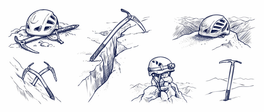 Mountaineering ice axe climbing helmet hand drawn line art illustration set featuring alpine gear, crevasse glacier equipment, mountain adventure icons, and outdoor safety tools for sports design.