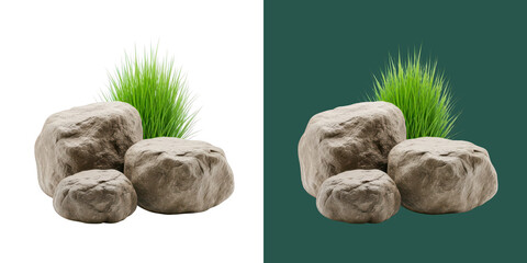 Three grey natural stones with a patch of fresh green grass 3D © Habib