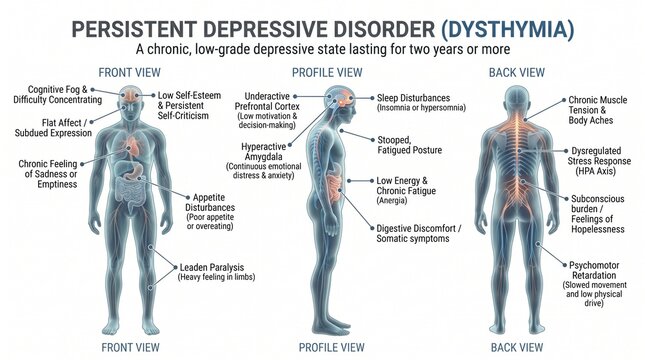 Medical Infographic Showing Symptoms Of Persistent Depressive Disorder On Human Body Model