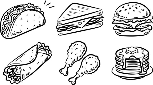 Fast food and breakfast hand drawn vector icon set. taco sandwich burger wrap fried chicken and pancakes doodle