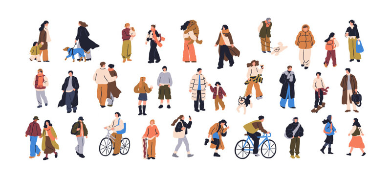 Persons walk, vector characters, tiny people in city. People walk on street, man, woman and child, dog pet, person on bicycle, couple stroll. Flat vector illustrations set isolated on white.