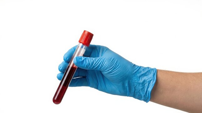 Medical professional in blue nitrile glove holding a red capped blood test tube isolated on white background