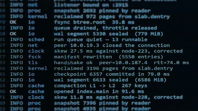 Server log text scrolling on blue terminal screen close up. System log, data center monitoring, hacker background