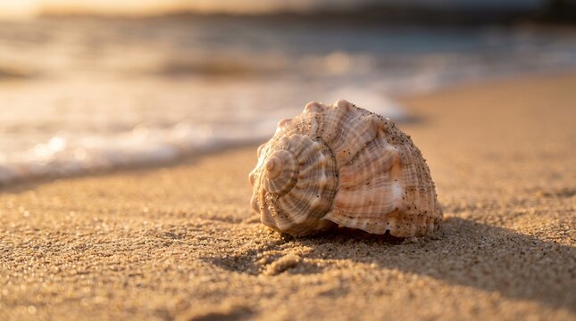 Seashell resting on golden sand AI generated photo