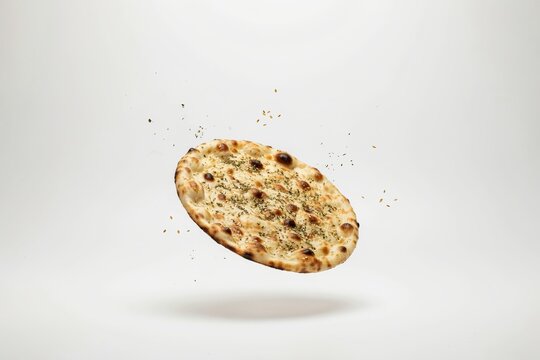Round flatbread pizza crust with herbs and spices floating in mid air against a plain white background