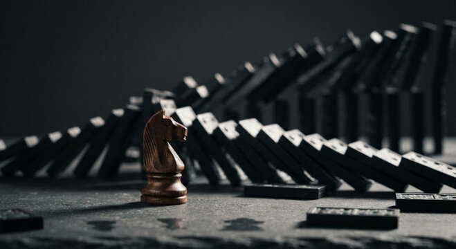 Wooden knight chess piece before a line of falling dominoes