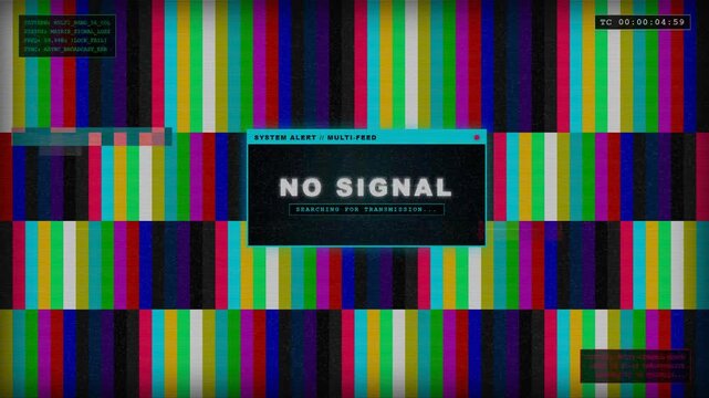 Hyper-dense multi-column TV colorbars test pattern with complex glitch artifacts, chromatic aberration splits, CRT scanlines, and a retro floating No Signal notification popup 