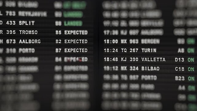 Airport flight departure board close up. Departures and arrivals timetable with landed, expected and delayed status. Travel background