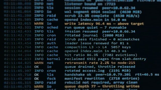 Server log scrolling on computer terminal screen. System monitoring, data center, hacker code background