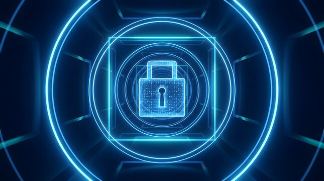 Glowing Digital Padlock with Concentric Circles Cybersecurity Concept