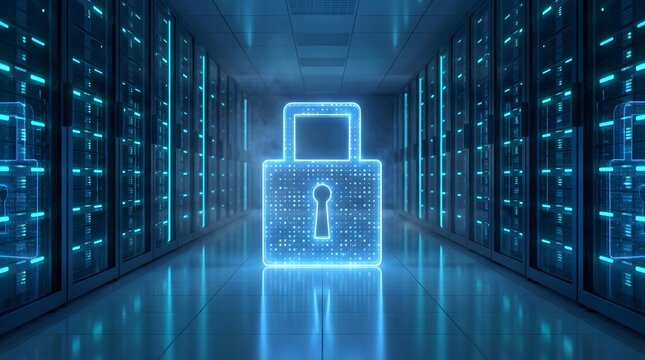 Glowing Padlock in Data Center Server Room Cybersecurity Concept