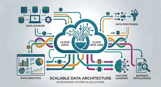 Scalable data architecture infographic, integrated cloud data lake system, business intelligence and machine learning workflow for big data