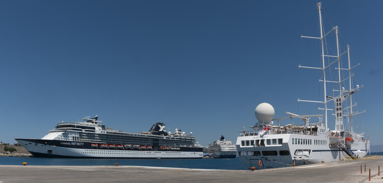 Rhodes - Greece, June 1, 2026: Sign and logo on the upper decks and funnel of a large Celebrity Cruises ship docked in the sunny port of Rhodes, Greece.