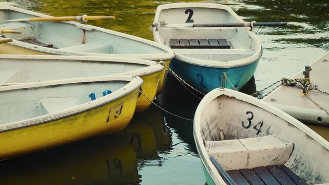 cinematic horizontal shot panning right across vintage pastel rowboats moored at a wooden pier on a calm green park pond during a quiet afternoon