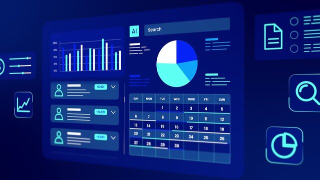 AI analytics panel presented in angled perspective overview with pie charts, calendar, search bar, and user profiles.