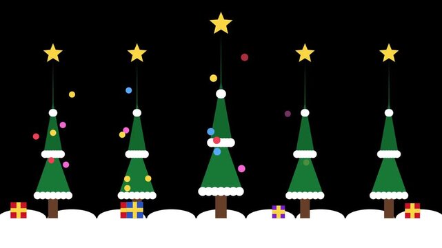 Festive Flat Animation of Christmas Trees Growing in Snow with Falling Ornaments and Colorful Gift Boxes